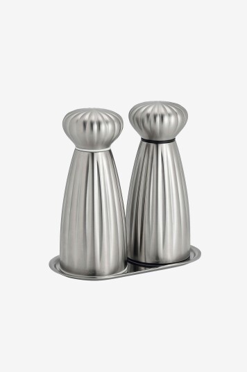 Robert Welch   Salt  og pepperkverner Palm Satin Medium med brett sett   Sølv