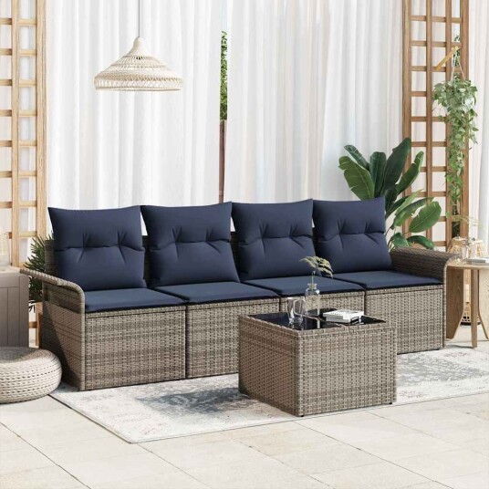 vidaXL Hagesofa Set med pute 5 pcs Grå og marineblå polyrotting