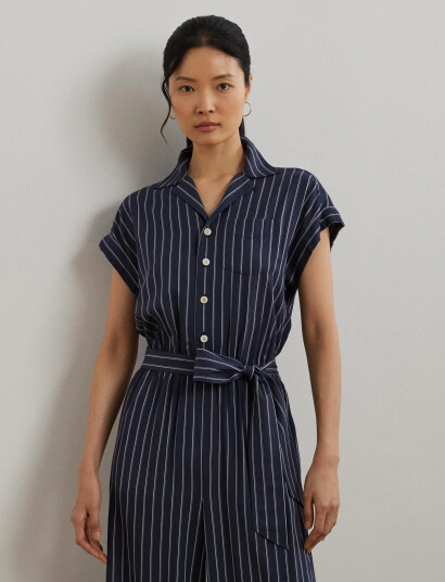 Lauren Ralph Lauren Striped Belted Twill Wide-Leg Jumpsuit - Navy - 38 Lauren Ralph Lauren Striped Belted Twill Wide-Leg Jumpsuit - Navy - 38