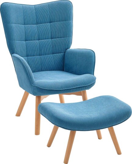Lenestol med krakk høy rygg Wing Chair treben Tufted Design Corduroy Look Lounge Chair for Living Room Blå