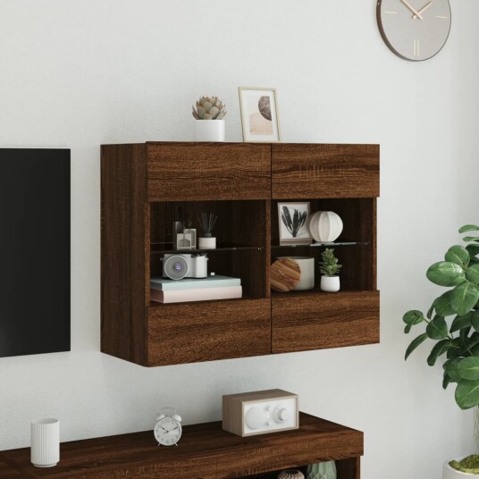 vidaXL Vegghengt TV-benk med LED-lys brun eik 78,5x30x60,5 cm 8721012256897