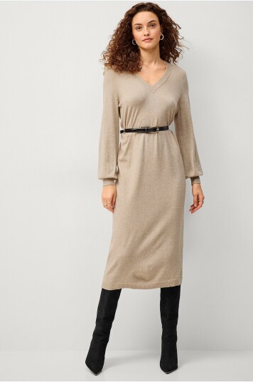Vila - Kjole viComfy V-neck L/S Knit Dress - Beige Vila - Kjole viComfy V-neck L/S Knit Dress - Beige