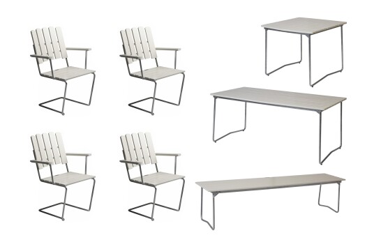 Grythyttan Stålmöbler B31 spisegruppe Hvitlakkert ek/galvanisert stål 4 lenestoler, benk 170 cm, bord 84 x 92 cm & bord 190 x 92 cm