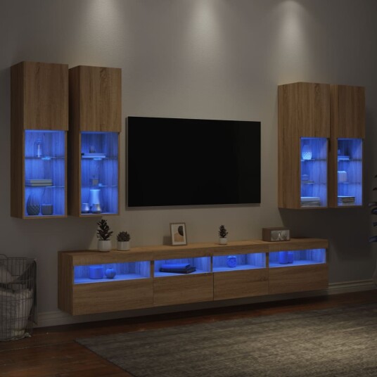  Vegghengte TV benker med LED 7 stk sonoma eik