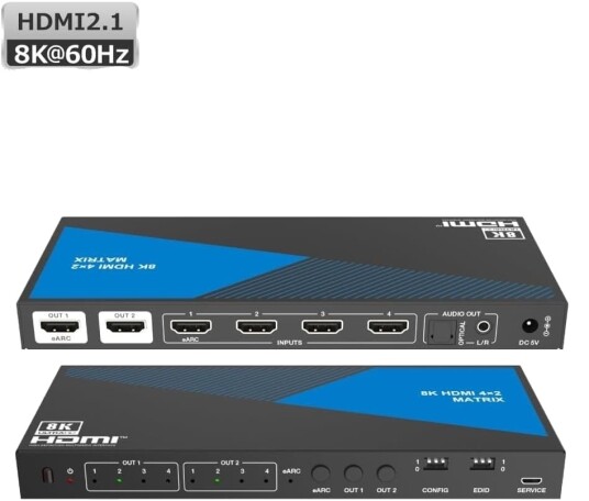 NÖRDIC 8K HDMI 2.1 eARC/ARC matrisebryter 4x2 med Extractor Toslink & Stereo, HDMI CEC, Dolby Atmos/Digital Plus, DTS Master