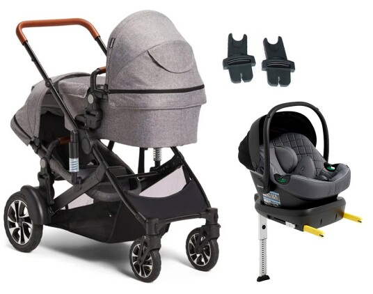 Beemoo Maxi 4 Twin Søskenvogn Inkl. Beemoo Route i-Size Babybilstol &  Base Grey/Mineral Grey