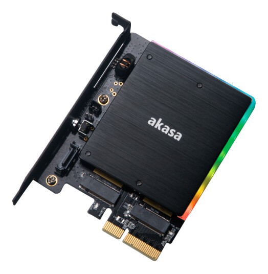 AKASA M.2 PCIe and M.2 SATA SSD adapter card with RGB light and heatsink AKASA M.2 PCIe and M.2 SATA SSD adapter card with RGB light and heatsink