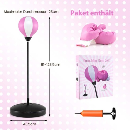 81 123,5cm høydejusterbar bokseball inkl. boksehansker & håndpumpe barneboksesett rosa