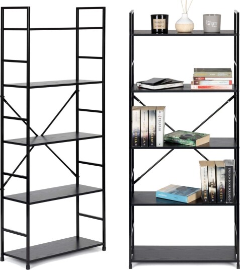 Bred svart LOFT bokhylle i tre med 5 hyller