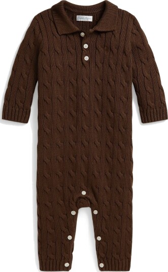 Ralph Lauren Baby Cable Knit Cotton Polo Coverall Brown 70 74