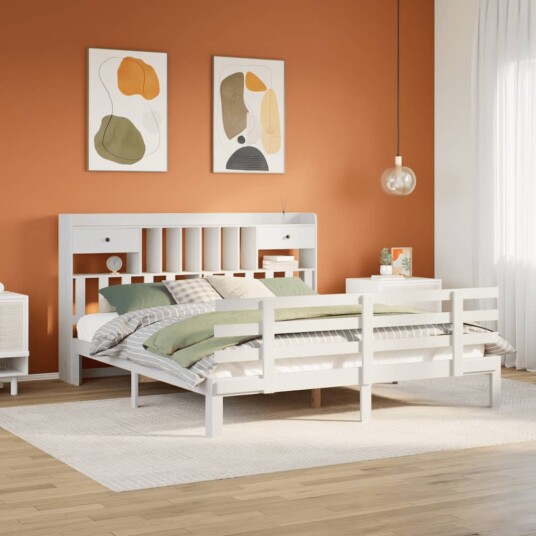 Seng med bokhylle uten madrass hvit 180x200 cm heltre furu 8721158615909