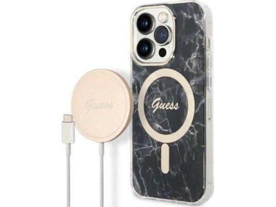 Guess-Lader Guess-Etui + Trådløs Lader Gubpp14xhmeacsk Apple Iphone 14 Pro Max Svart/Svart Hardt Etui Marble Magsafe