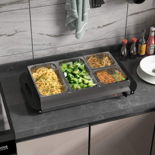 Northio 2 i 1 buffetvarmer 68L kokeplate 300 watt matvarmer i rustfritt stål sølv