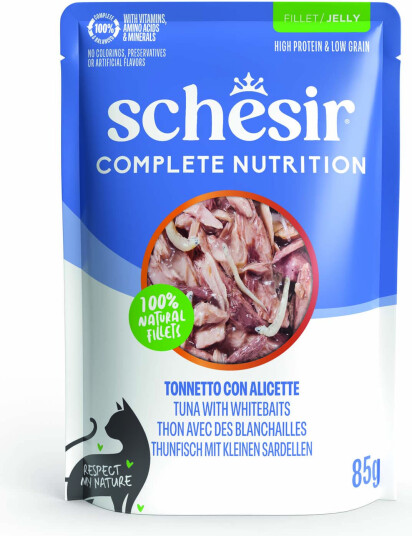 Schesir Våtfôr Complete Nutrition Filet I Gelé Tunfisk Med Hvit Fisk 6 X 85 G