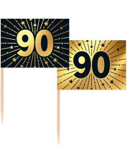 50 Stk 90 år Mat/Kakeflagg 6,5 cm - Svart og Gull 50 Stk 90 år Mat/Kakeflagg 6,5 cm - Svart og Gull