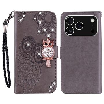 iPhone 17 Pro Ugle Rhinestone Lommebok deksel   grå