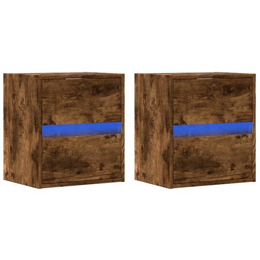  Vegghengt TV-benker med LED-lys 2 stk røkt eik 41x31x45 cm