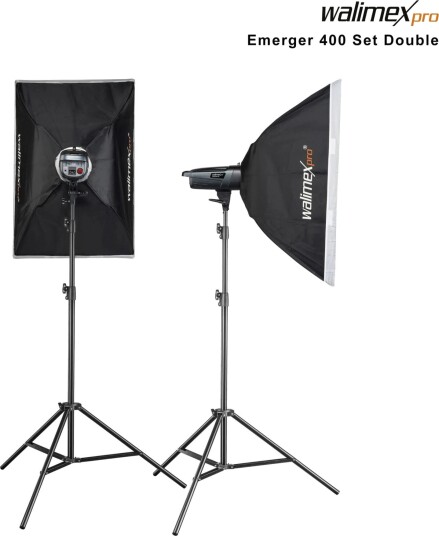 Walimex Pro Emerger 400 Studioblitspakke - 2x 400Ws, 2.4GHz, LED, 60x90cm softbokser, 260cm stativer - Svart