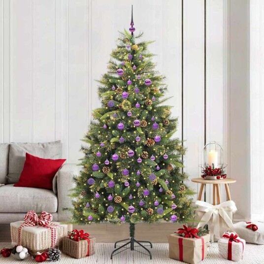 vidaXL Kunstig hengslet juletre med kongler 210 cm 300 LED-lys