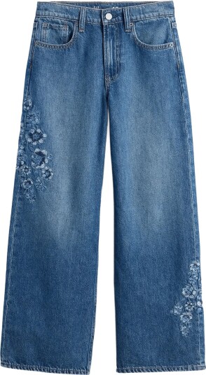 GAP Kids Low Rise Stride Embroidered Floral Wide Leg Jeans Blue 164 GAP Kids Low Rise Stride Embroidered Floral Wide Leg Jeans Blue 164