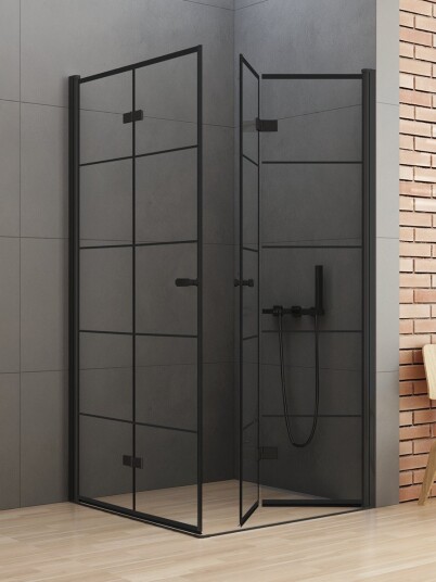 90x90x195 | NEW SOLEO Dusjhjørne | Svingbare foldedører med sprosser | 6mm Glass | Sort Matt
