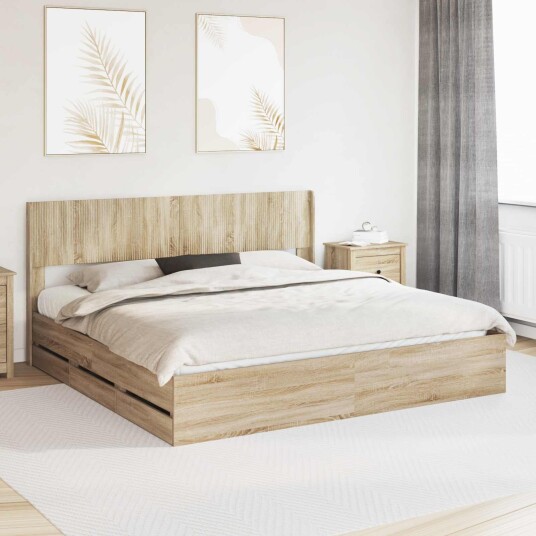 vidaXL Sengramme med oppbevaring og hodegavl Sonoma eik 200 x 200 cm