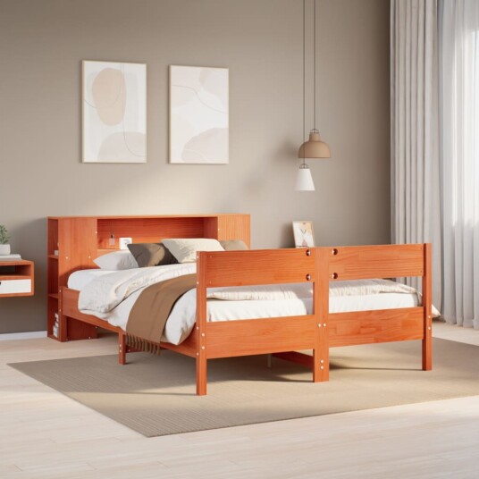  Seng med bokhylle uten madrass voksbrun 140x190 cm heltre furu 8721158617439