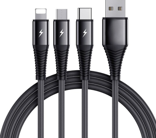 SiGN 3-i-1-kabel Lightning, USB-C, Micro-USB, 3A, 1,2m - Svart