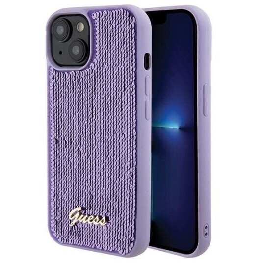 Guess Metallveske for iPhone 15 med Paljettmønster - Lilla