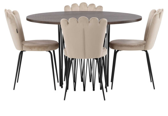 Venture Design Stone round & Limhamn spisegruppe Beige/mokka 4 stoler & bord 120 cm