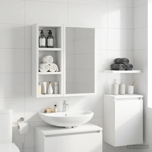 Baderom veggskap med hylle Hvit 20 x 10 x 50 cm Konstruert tre Baderom veggskap med hylle Hvit 20 x 10 x 50 cm Konstruert tre