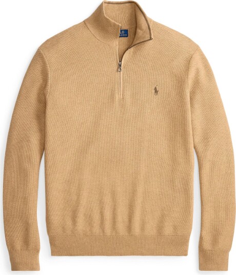 Polo Ralph Lauren Mesh Knit Cotton Quarter Zip Sweater   CAMEL MELANGE   S