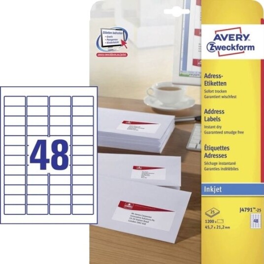 Avery Zweckform J4791   Hvit   21.2 X 45.7 Mm 1200 EtikettEr 25 Ark X 48 Returadresseetiketter