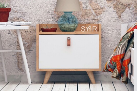 Mod Design Nattbord 50 cm med Oppbevaring Skap Lærbeslag - Tre/Hvit