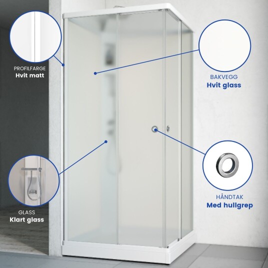 Macro Flow Rett Dusjkabinett, m/armatur 81x81 cm, Hvit/Klarglass, Hvit bakvegg