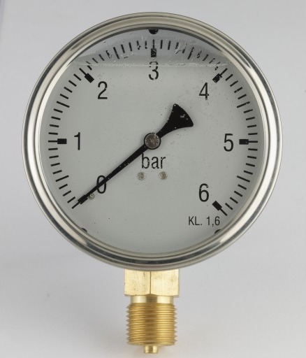 Trykkmåler Ø 63 mm ned, 1/4", 0-6 bar rustfritt stålhus med glyserin, med spjeld