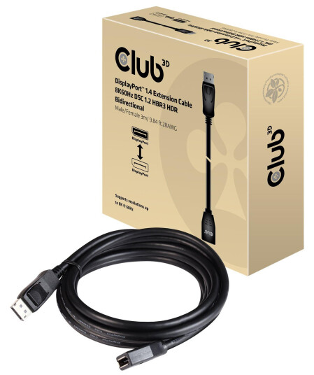 Club 3D DisplayPort 1.4a Forlengelseskabel 3 m 8K-støtte