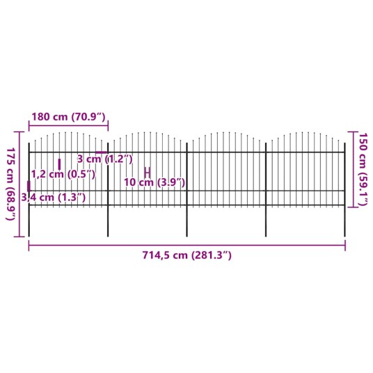 Hagegjerde med spydtopp stål (1,5-1,75)x6,8 m svart