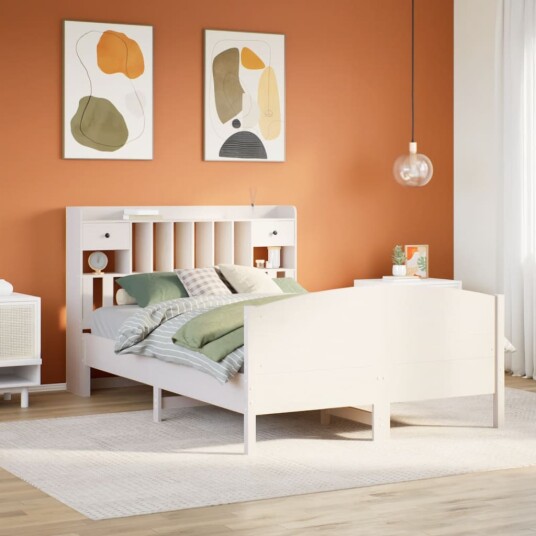  Seng med bokhylle uten madrass hvit 150x200 cm heltre furu 8721158619280
