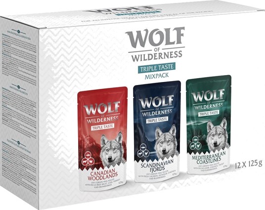 Wolf Of Wilderness våtfôr Triple Taste Blandet pakke Triple Taste Canada Triple Taste Scandinavia Triple Taste The Mediterranean 12 x 125 g
