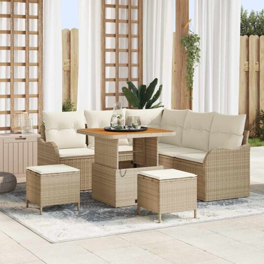 8 Delers Hagesofa-sett med puter Beige Poly Rattan Akasie