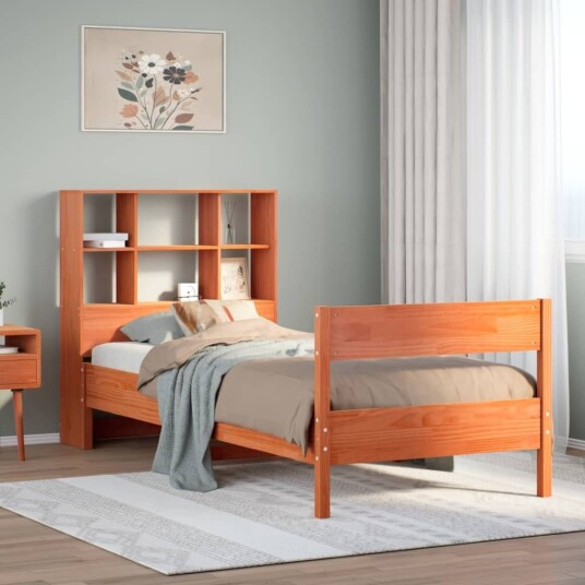 Seng med bokhylle uten madrass voksbrun 75x190 cm heltre furu 8721158618009 Seng med bokhylle uten madrass voksbrun 75x190 cm heltre furu 8721158618009