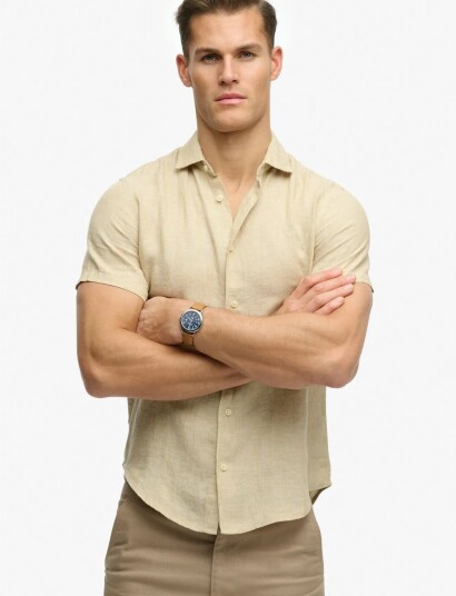Superdry Riviera S/S Linen Shirt   Beige   L