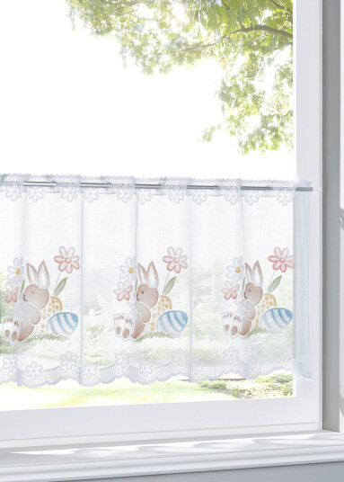 bonprix Cafégardin i jacquard med påskeharer 1 (H/B: 28/90 cm),2 (H/B: 28/120 cm),3 (H/B: 44/90 cm),4 (H/B: 44/120 cm),5 (H/B: 59/120 cm),6 (H/B: 59/150 cm) blå