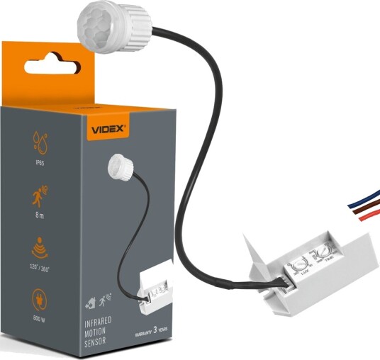 Videx PIR bevegelses  og lyssensor 800W   IP65 innebygd sensor