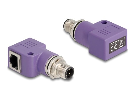 Delock Nettverksadapter 4 Pin M12-D Hann Gjenget Til Rj-45 Hunn Vinklet Stp Cat 5E D-Coded Fiolett