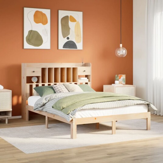 Seng med bokhylle uten madrass 140x200 cm heltre furu 8721158613882