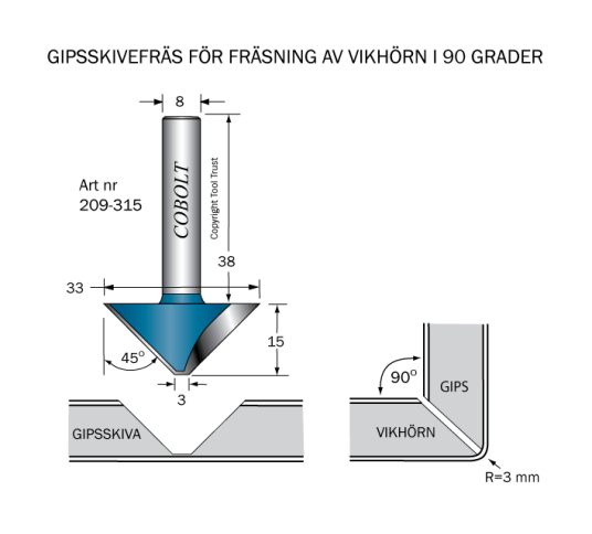 Cobolt 209-315 Gipsplatefres 45° D=33 L=15 TL=53 S=8 Maskintilbehør & forbruk