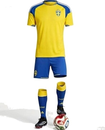 VM 2026 Sverige Hjemmedrakt Fotballtrøye Sett (Trøye + Shorts + Sokker), Drakt, Pustende Fotballdrakt, Treningskampklær uten nummer-FF-