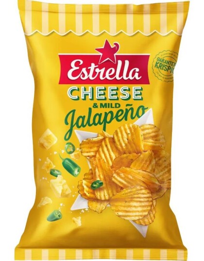 Estrella Cheese & Mild Jalapeño   Grovriflet Potetgull med Ost og Jalepnosmak 175 gram